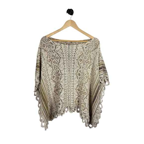 Free People Casablanca Fringe Knit Wool/Linen/Silk/Alpaca Poncho Ivory Multi S - Picture 6 of 13